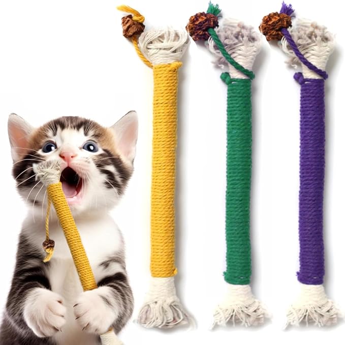 3 PCS Cotton Rope Cat Toys for Indoor Cats, Interactive Cat Rope Toys with Silvervine Fruit for Cats and Kittens, Handmade Pet Chew Toys for Teeth Cleaning-Mewly Pet