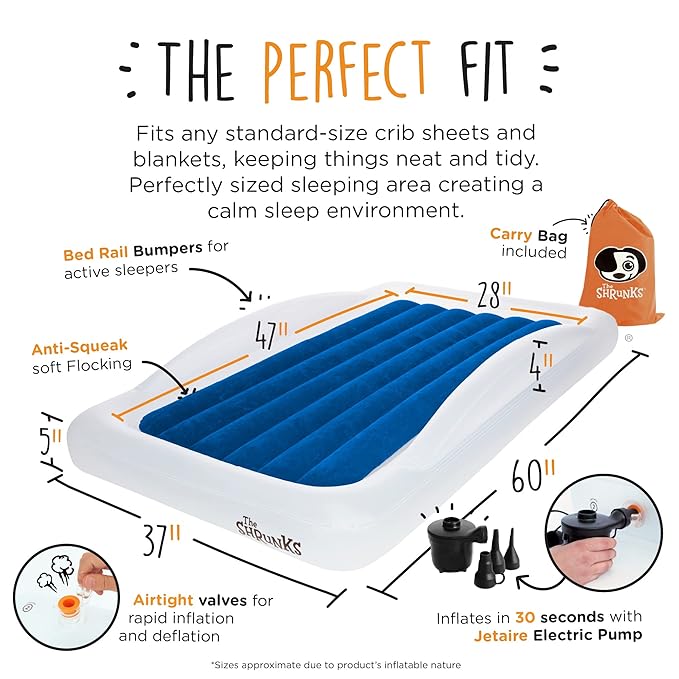 The Shrunks Toddler Travel Bed Portable Inflatable Air Mattress Blow Up Bed for Indoor/Outdoor Camping, Backyard, Hotel, or Home Use Kids/Toddler Floor Bed with Side Bed Rails and Electric Pump Blue