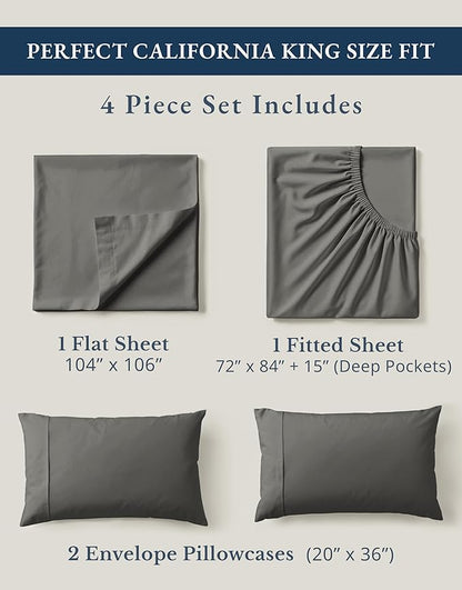 LANE LINEN 100% Organic Cotton California King Sheets Set, Fully Elasticized Reinforsed Seams in Fitted Pocket, Machine Washable All Season Cal King Sheet Deep Pocket Bedding-Charcoal
