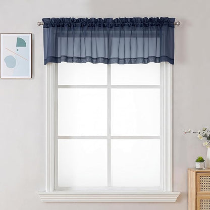 Chyhomenyc Sheer Valances for Windows 2 Pack, Small Window Curtains for Living Room Bathroom Cafe Laundry Basement, Modern Top Dual Rod Pocket Voile Curtain, 42W x 18L inches, Navy Blue