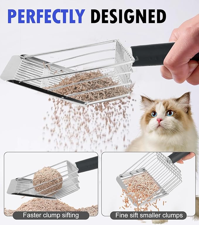 Cat Litter Scoop, Solid and Durable Kitty Metal Scooper, Stainless Steel Sifter, Heavy Duty, for Litter Box, Black Rubber Handle, Included Stainless Steel Hook-Mewly Pet