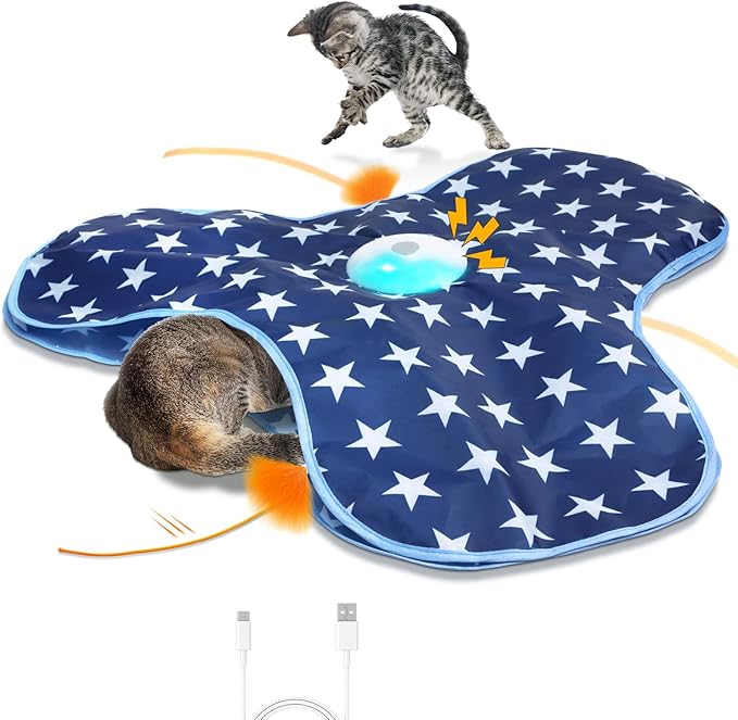 Interactive Cat Toy Rechargeable, Cat Exercise Toys for Indoor Bored Adult Cats, Hide and Seek Toy with Motion Activated, Moving Feather, Chirping-Mewly Pet