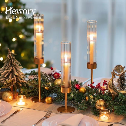 Hewory Gold Hurricane Candle Holders: Brass Candlestick Holders Set of 6 Tall Taper Candle Holders for Candlesticks Candle Sticks Holder Decor for Table Centerpiece Wedding Party Christmas Decorations