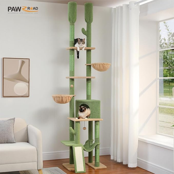 PAWZ Road Cactus Cat Tree Floor to Ceiling Cat Tower with Adjustable Height(85-112 Inches), 7 Tiers Climbing Activity Center with Cozy Hammocks, 5 Platforms and Scratching Posts for Indoor Cats-Mewly Pet