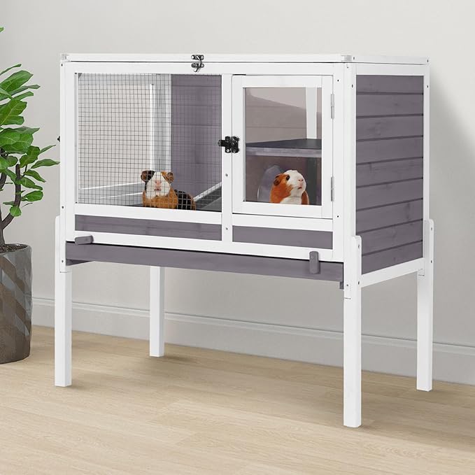 GUTINNEEN Indoor Guinea Pig Cage Rabbit Hutch with Chew-Proof Ramp, 2-Story Wooden Bunny House with Pull-Out Trays & Leakproof PVC Layer, Small Animal Cages with Detachable Legs (Gray)-Mewly Pet