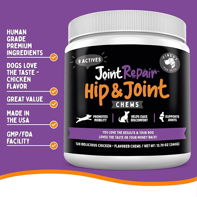 Joint Repair Hip and Joint Chews for Dogs - Finest for Pets Glucosamine, Chondroitin, MSM, Omega 3 & Turmeric for Dog Joint Support, Mobility & Pain Relief - (120 Chicken Flavored Chews, Made in USA)-Mewly Pet
