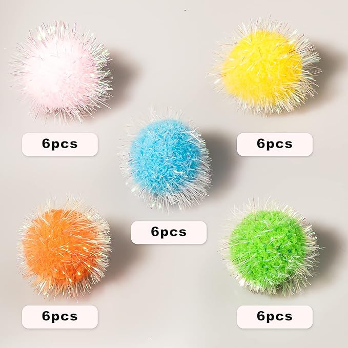 VAPKER 30 Pcs Cat Toys - Extra Large 2 Inch Sparkle Balls, Cat's Favorite Chase Glitter Tinsel Pom Poms, Assorted Colors-Mewly Pet