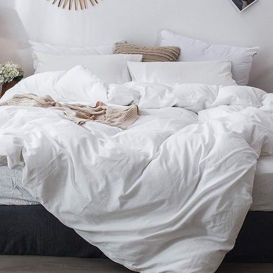 MooMee Bedding Duvet Cover Set 100% Washed Cotton Linen Like Textured Breathable Durable Soft Comfy (Solid Off White, Oversized Queen 98"x98")