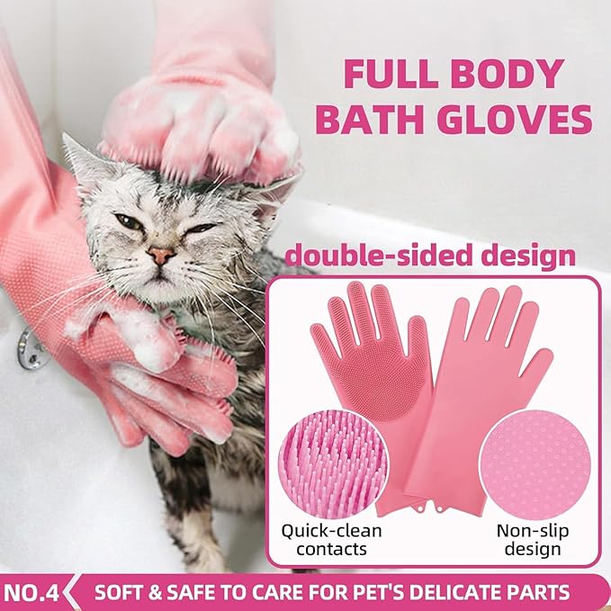Bath Grooming Kit for Pets - Hair Brush Set with Towel, Washing Gloves, and Shampoo Scrubber Brush for Dogs and Cats (Pink)-Mewly Pet