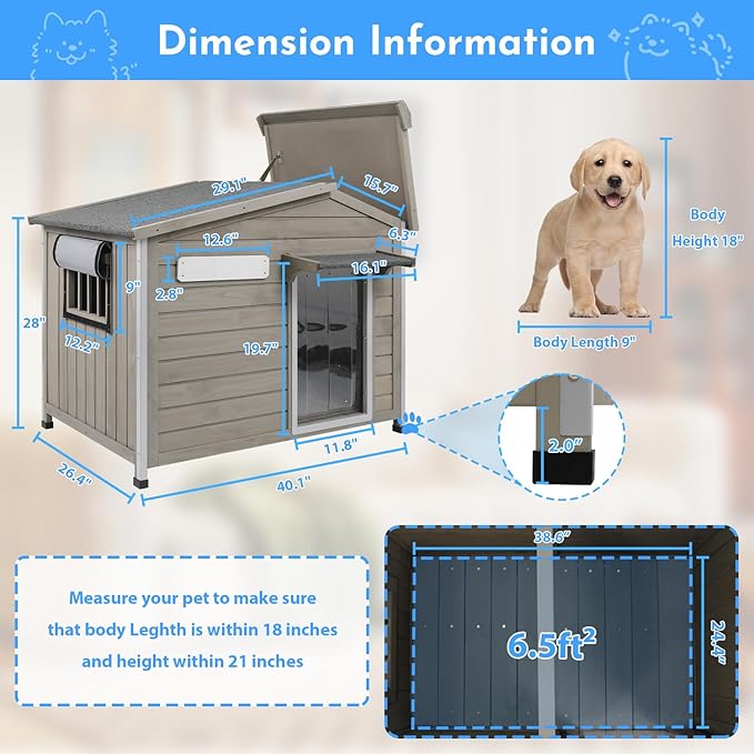 Outdoor Dog House Weatherproof Large Wooden Dog Kennel Indoor for Small Dogs with Chew-Proof Frame, Oxford Fabric Window, Removable Floor Pet Shelter (Grey, 40.1" D x 26.4" W x 28" H)-Mewly Pet