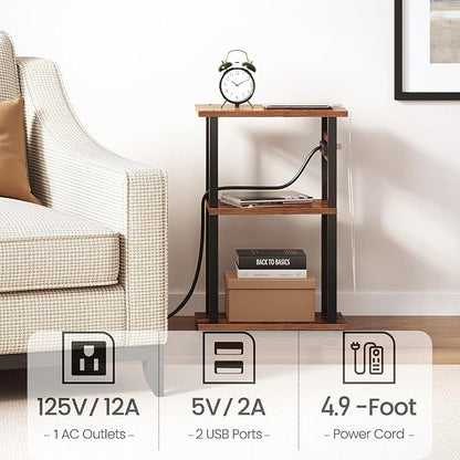 TUTOTAK Small Narrow Side Table with Charging Station, Set of 2 Skinny End Table for Small Spaces, Slim Nightstand with USB Ports and Outlet,Sofa Beside Table with Wheels, Brown TB01BB047