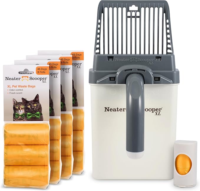 Neater Pet Brands Neater Scooper XL Cat Litter Scoop, 195 Refill Bags – Extra-Large Capacity Mess-Free Cat Litter Scooper with Bag for Large & Multiple Cats, Spill-Proof Litter Box Scooper with Holder-Mewly Pet