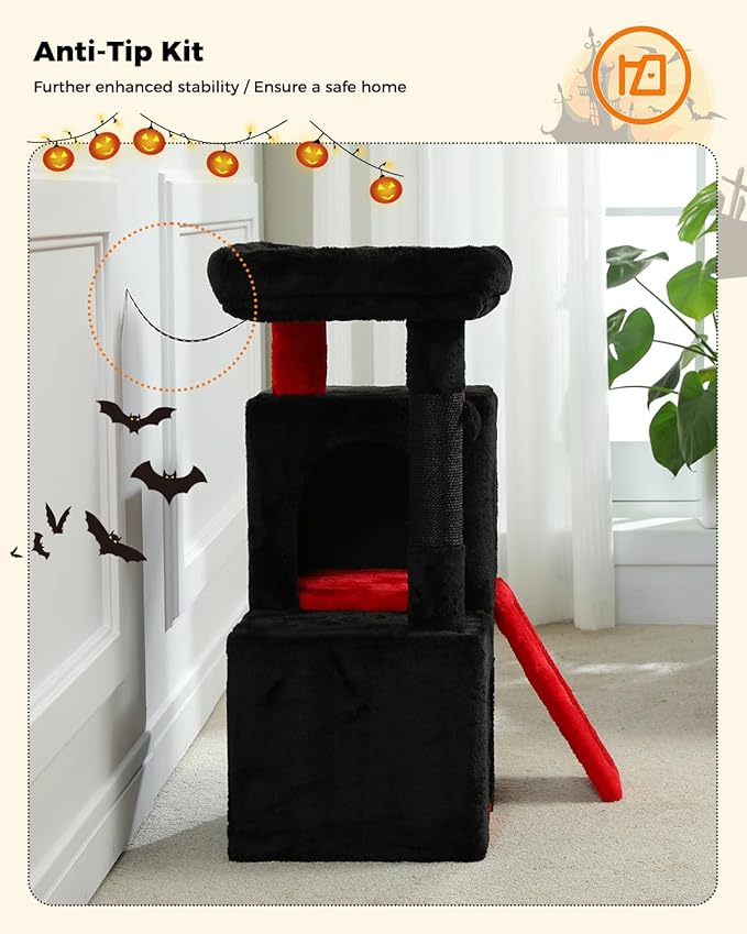 PAWZ Road Gothic Cat Tree, 30 Inches Black Cat Tower with Dual Condos for Indoor Cats, Spooky Cat House with Padded Perch, Scratching Ramp and Posts and Bat Toys-Mewly Pet