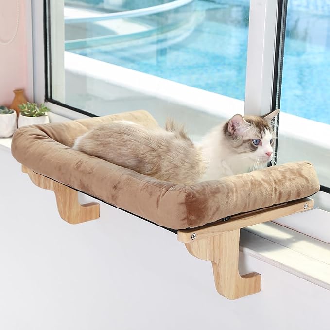 Cat Perch for Window Sill with Bolster - Orthopedic Hammock Design with Premium Hardwood & Robust Metal Frame - Cat Window Seat for Large Cats and Kittens - Natural Color Wood with Brown Bed-Mewly Pet
