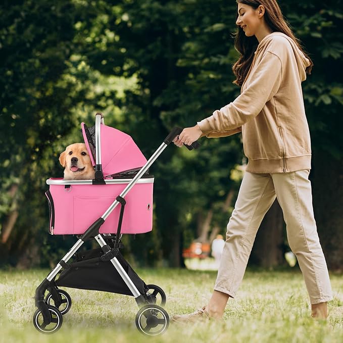 MoNiBloom Pet Stroller for Small/Medium Dogs w/Detachable Carrier & Lightweight Aluminum Frame, Folding Jogging Travel Stroller, Pink-Mewly Pet