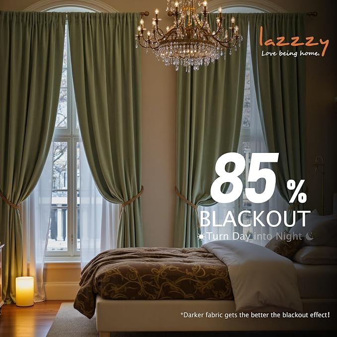 Lazzzy Velvet Blackout Curtains Thermal Insulated Room Window Drapes Super Soft Luxury Curtains for Living Room Bedroom Rod Pocket 2 Panels, Olive Sage, 42" W x 96" L