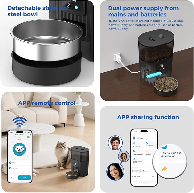 PAPIFEED Automatic Cat Feeder 3.5L/15 Cup 2.4G WiFi Pet Feeder for Dog Work with Alexa & Echo Timed Cat Food Dispenser for Remote Feeding with Stainless Steel Bowl up to 10 Meals Per Day with APP-Mewly Pet