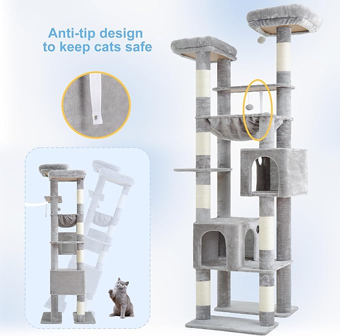 Hey-brother Tall Cat Tree Tower, Heavy Duty Scratching Posts with Large Platforms, Cozy Condos, Big Hammock, Toy Balls, Multi-Level Furniture for Indoor Adult Cats, 80.7 Inches, Light Gray MPJ039W-Mewly Pet