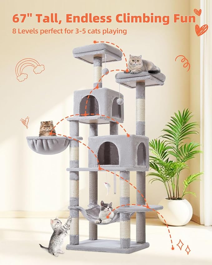 Taoqimiao 66-Inch Cat Tree Cat Tower for Indoor Cats, Plush Multi-Level Cat Condo with 7 Scratching Posts, 2 Perches, 2 Caves, Hammock, 2 Pompoms MS013W Light Gray-Mewly Pet