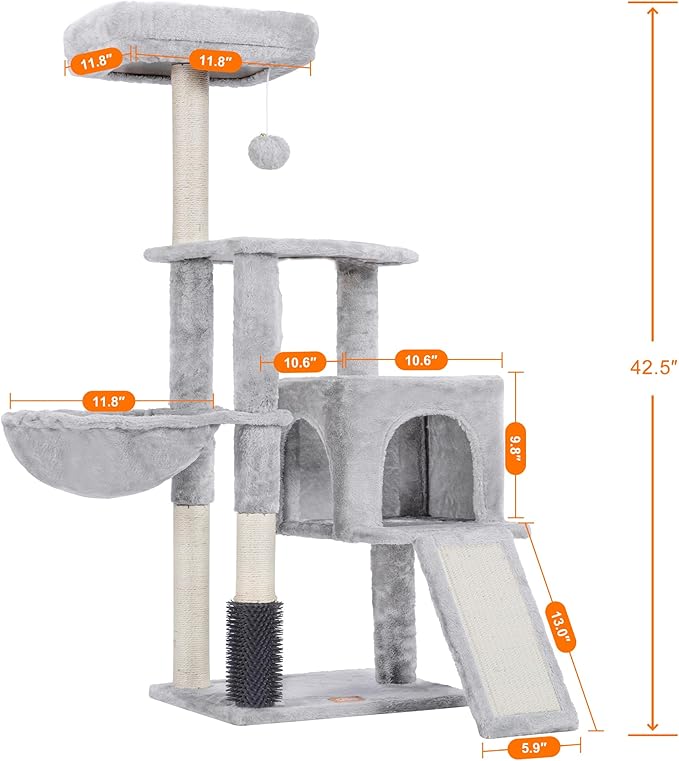 Heybly Cat Tree with Cat Self Groomer Brush, Cat Tower Condo for Indoor Cats with Padded Plush Perch, Cat House with Basket Scratching Board Post, Light Gray HCT005SW-Mewly Pet