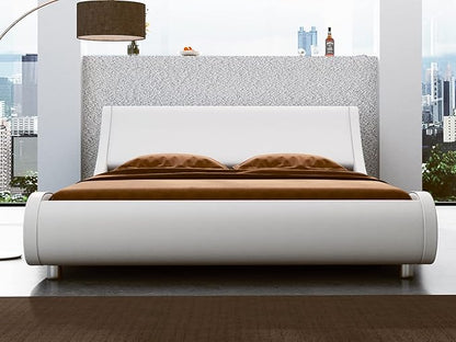 SHA CERLIN Modern Low Profile Platform Bed Frame Full Size, Stylish Faux Leather Upholstered Sleigh Bed with Adjustable Headboard, No Box Spring Needed, White