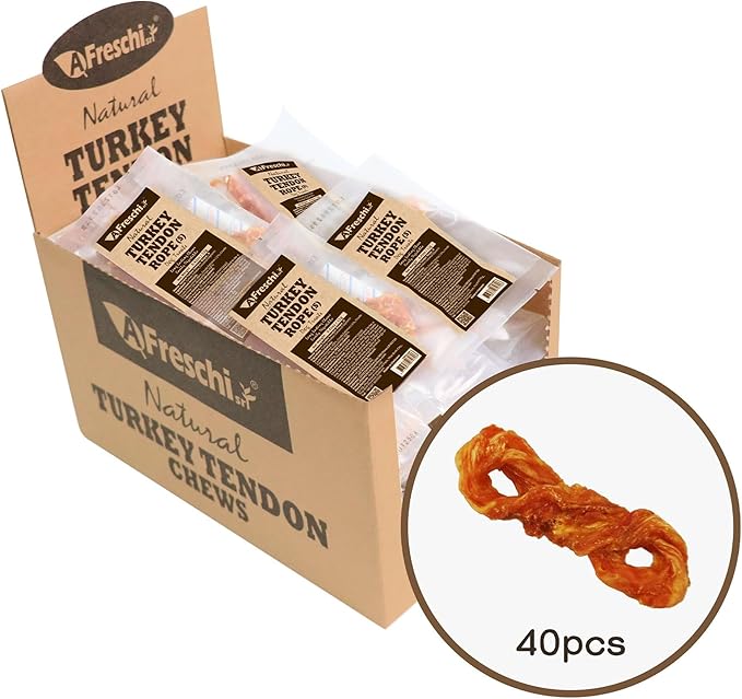Afreschi Natural Turkey Tendon Rope (S) 40 Units/Box, Dog Treats for Signature Series, All Natural Human Grade Puppy Chew, USA-Sourced Turkey Tendon, Hypoallergenic, Rawhide Alternative-Mewly Pet