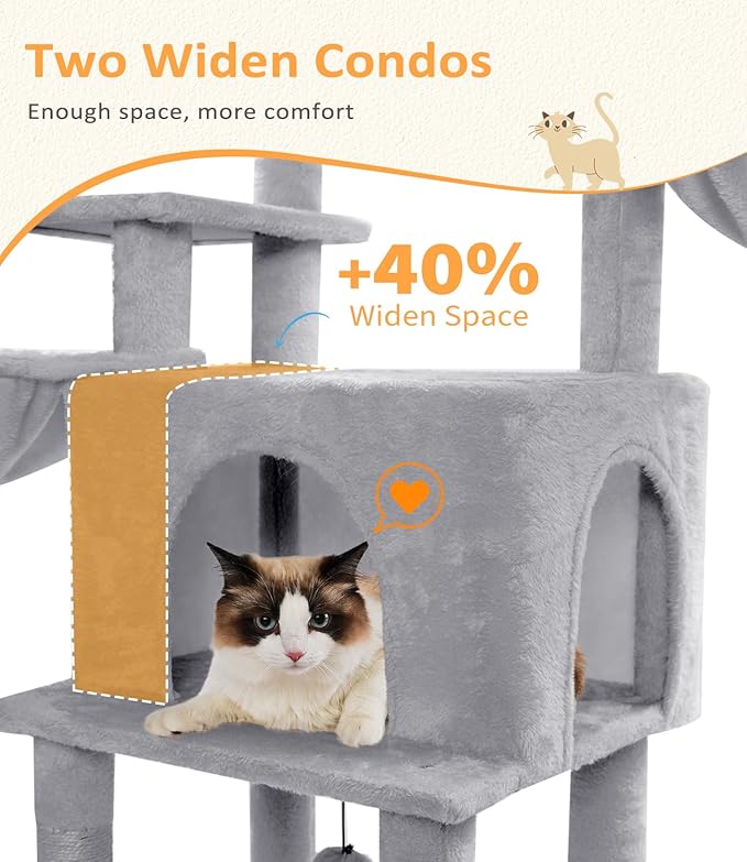 Cat Tree Large Cat Tower Tree 68" Multi-Level Cat Tower for Indoor Cats with Sisal Scratching Posts, Widen Cat Perche, Square Hammock, 2 Widen Condos, Scratching Posts, Light Grey-Mewly Pet