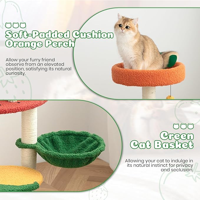Happy & Polly Cute Cat Tree - 40.5" Fruit World Cat Tower for Indoor Cats, Cat Tree Condo with Sisal Scratching Posts, Cozy Hammock, Plush Strawberry Perches, Kitten Cat Trees Towers Activity Center-Mewly Pet