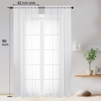 OWENIE Sheer White Curtains, Sheer Curtains 90 inches Long 2 Panels Set, Rod Pocket Voile Fimly Sheer Drapes for Living Room/Bedroom, 2pcs, Each 42" W x 90" L