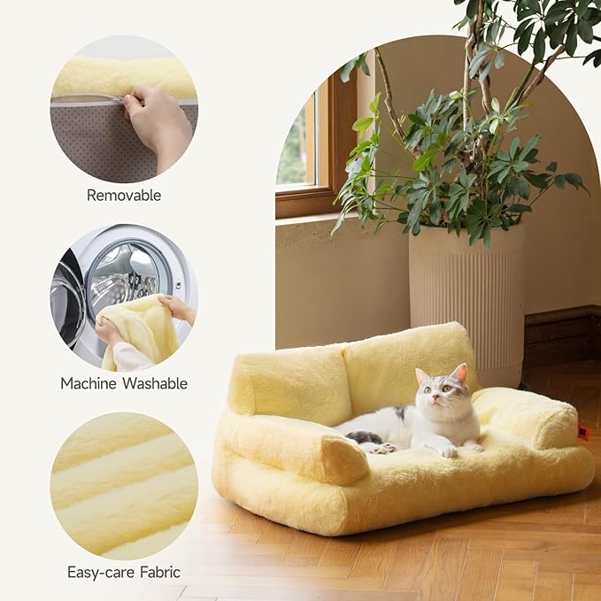 MEWOOFUN Cat Beds for Indoor Cats, Washable Small Dog Beds for Medium Small Dogs & Cats up to 25 Lbs, Fluffy Cat Couch with Non-Slip Bottom (Yellow, 26.0" L x 19.0" W x 13.0" Th)-Mewly Pet