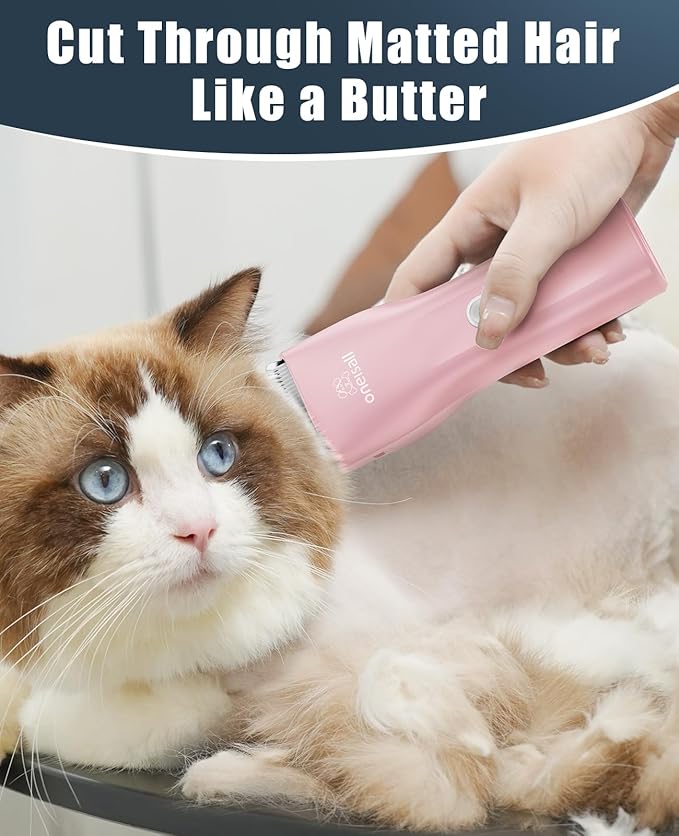 oneisall Pet Clipper for Cat Matted Hair, Pet Shaver for Cats Quiet Pet Clippers Waterproof Cordless Cat Clippers for Matted Hair Long Hair with Storage Bag (Pink)-Mewly Pet