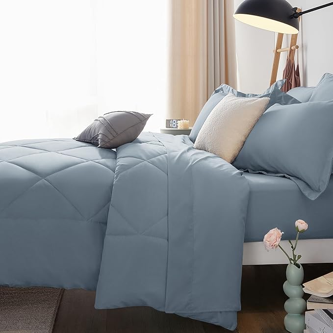CozyLux Queen Comforter Set Dusty Blue - Bed in a Bag Queen Size 7 Pieces, Luxury Soft Bed Set for All Seasons, Bedding Set with Down Alternative Comforter, Sheets, Pillowcases & Shams, Grayish Blue