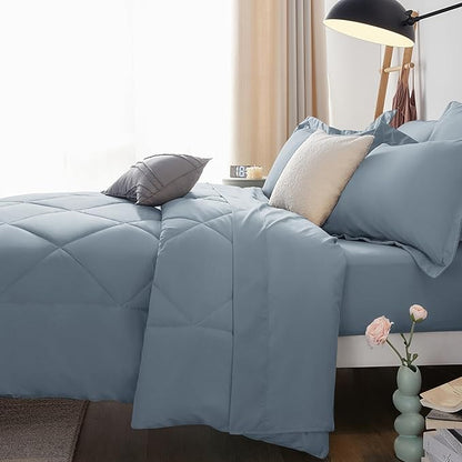 CozyLux Queen Comforter Set Dusty Blue - Bed in a Bag Queen Size 7 Pieces, Luxury Soft Bed Set for All Seasons, Bedding Set with Down Alternative Comforter, Sheets, Pillowcases & Shams, Grayish Blue