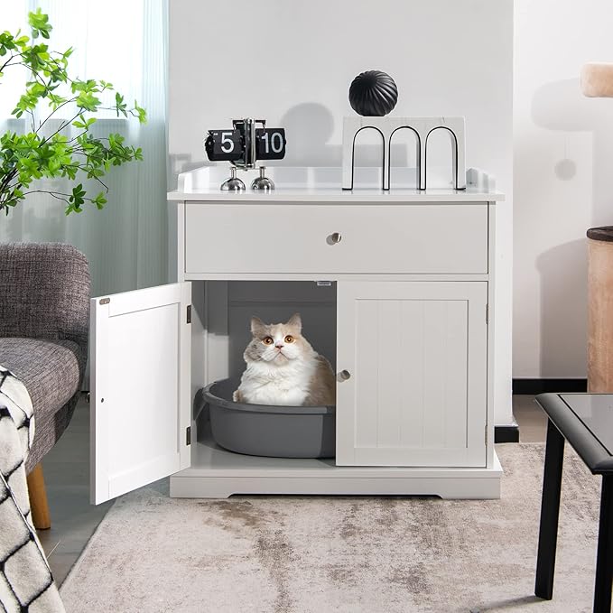 PETSITE Cat Litter Box Enclosure, Large Cat Washroom End Table with Drawer & 2 Doors, Wooden Cat House Storage Cabinet, Hidden Litter Box Furniture, White-Mewly Pet