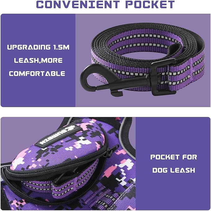 No Pull Dog Harness for Large Dogs, Adjustable No Choke Pet Vest with Dog Leash Fit Smart Reflective Pet Walking Harness for Training Easy Control Soft Handle Purple Camo L-Mewly Pet