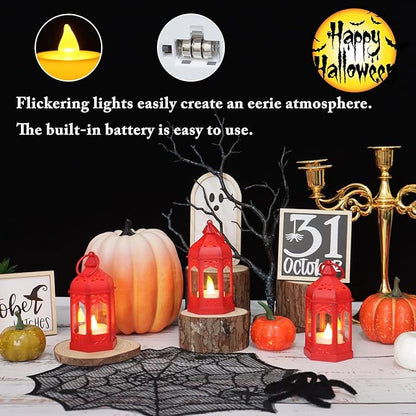 LLQ 8 Pcs Mini Lantern Decor Moroccan Lantern with Flickering LED Candle Table Centerpiece Small Vintage Christmas Hanging Lamp Ornaments Bulk for Wedding Halloween Christmas Party (5 Inch,Red)