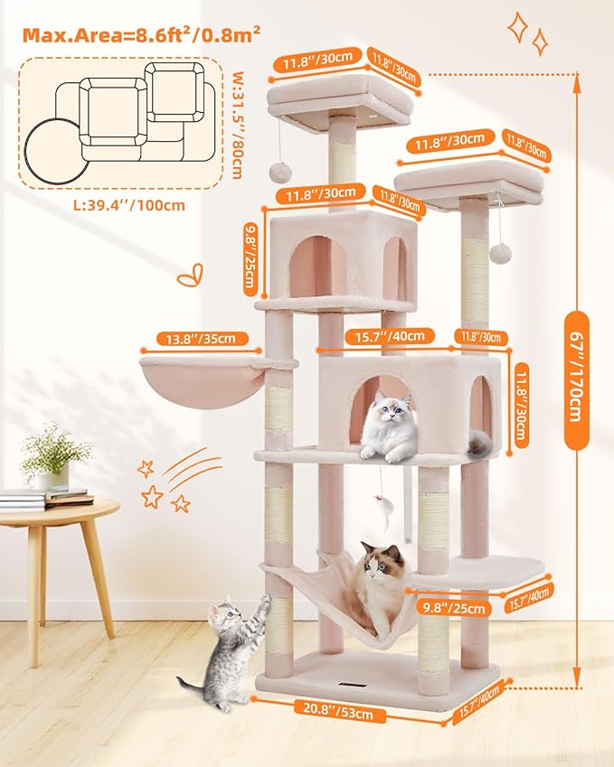Taoqimiao Cat Tree, 66.2-Inch Cat Tower for Indoor Cats, Plush Multi-Level Cat Condo with 12 Scratching Posts, 2 Perches, 2 Caves, Hammock, 2 Pompoms, Jelly Pink MS013P-Mewly Pet
