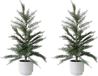 CG Hunter Holiday Collection, Set-of-2 Faux Cedar Trees, Premium Artificial Indoor & Outdoor Cedar Tree Stands 24" Tall in Creme Pot–Perfect Christmas Decoration