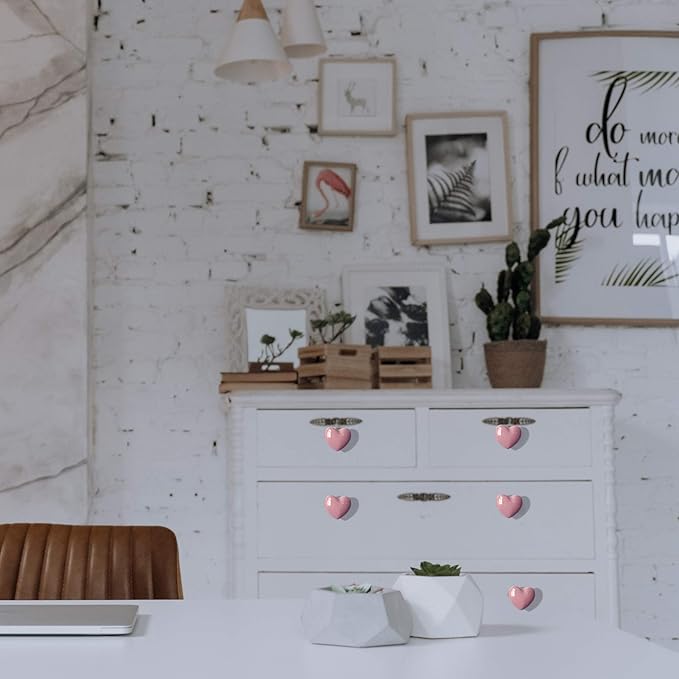 Ceramic Drawer Knobs Heart Shape Cabinet Dresser Pulls Handles with 3 Sized Screws, Kitchen Furniture Knobs for Closet Cupboard Wardrobe (6, Pink)