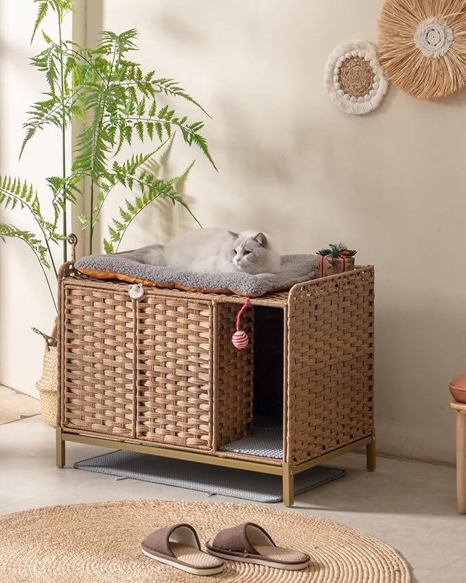 Cat Litter Box Enclosure Furniture with Divider, Handwoven Rattan Litter Box with Mat, 31.2 x 19.6 x 24.2 Inches, Metal Heightened Feet, Hidden Cat House for Living Room, Bedroom (Natural)-Mewly Pet
