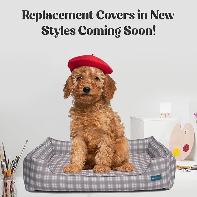 Orthopedic Bolster Dog Bed – CertiPUR-US Foam, Recycled Polyester Canvas, Washable Cover, Anti-Slip Bottom, Small, Grey Plaid – Stylish Designer Dog Sofa-Mewly Pet