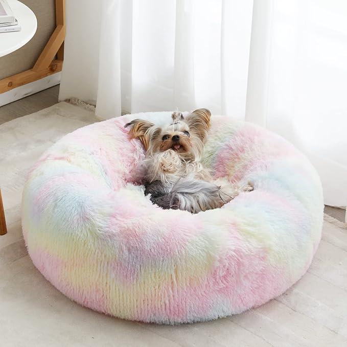 WNPETHOME Calming Dog Bed Cat Bed Donut, Faux Fur Pet Bed Self-Warming Donut Cuddler, Comfortable Round Plush Dog Beds (24 x 24 x 8 Inch, Rainbow)-Mewly Pet