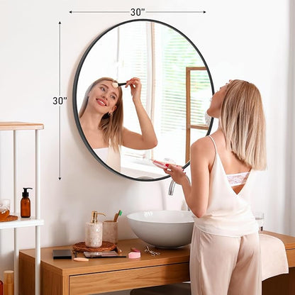 Sweetcrispy 30in Round Bathroom Mirrors for Wall, Bathroom Mirrors for Over Sink, Wall Decor for Bathroom, Entryway, Bedroom, Vanity, Classical Black