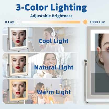 Ruacq Rechargeable Wall Mounted Makeup Mirror with Lights, Double Sided 1X/10X Magnifying Vanity Mirror with 3 Color Light, Touch Screen Dimmable, 360° Rotation Extension Foldable Arm(Brushed Nickel)