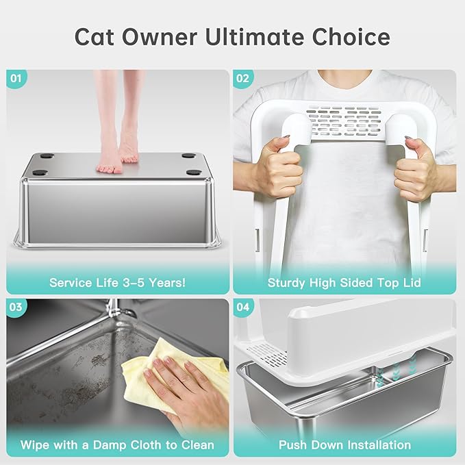 Stainless Steel Litter Box with Lid, 14” XL Stainless Steel Cat Litter Box Enclosure, Extra Large Metal Cat Box, Non-Sticky, Anti Leakage, Easy Cleaning Litter Pan, Include Scoop-Mewly Pet