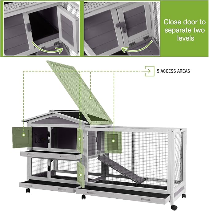 GUTINNEEN Rabbit Hutch Indoor with Chew-Proof Ramp, 62" L Wooden Rabbit Cage with 6 Casters, Bunny Cage with 2 Trays and 2 Story for Small to Medium Animals (Gray)-Mewly Pet