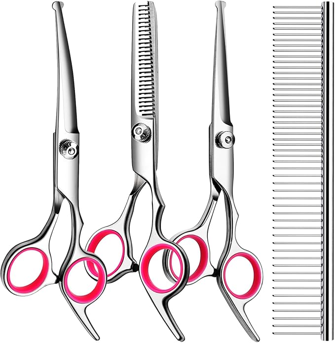 5 in1 Dog Grooming Scissors Kit, Professional Dog Scissors for Grooming with Safety Round Tips, Titanium Coated Grooming Shears for Dogs Cat Pet At Home-Mewly Pet