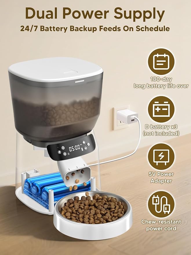 Automatic Cat Feeder and Water Fountain, 4L/16 Cups Timed Cat Dry Food Dispenser, 10s Meal Call, 20 Portions 6 Meals Per Day, 2L Cats Fountains for Drinking with Filter, Pet Feeder for Dog White-Mewly Pet