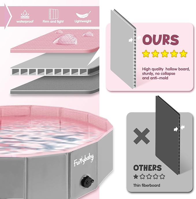 Furrybaby Dog Pool, Kiddie Pool Hard Plastic, Collapsible Pet Bath Foldable Swimming Pet Pool Portable Pink 32''-Mewly Pet