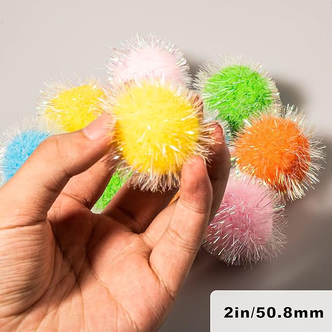 VAPKER 30 Pcs Cat Toys - Extra Large 2 Inch Sparkle Balls, Cat's Favorite Chase Glitter Tinsel Pom Poms, Assorted Colors-Mewly Pet
